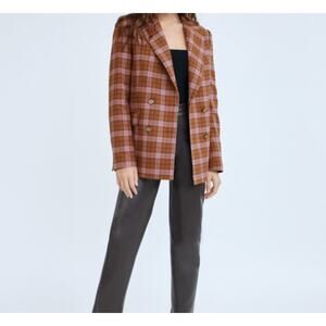 Aritzia Wilfred Wool-Blend Margaux Plaid Double Breasted Blazer Brown Size 0‎